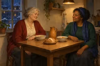 Raphael-inspired oil painting of two women sharing soup and bread at a modest kitchen table as snow falls outside the window.