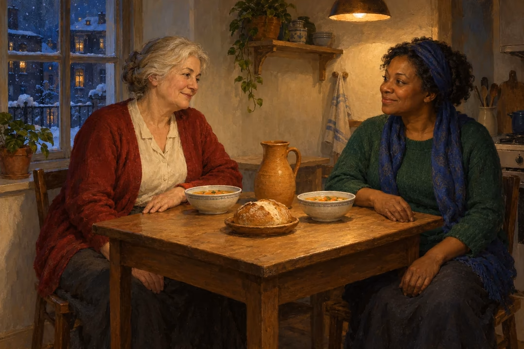 Raphael-inspired oil painting of two women sharing soup and bread at a modest kitchen table as snow falls outside the window.