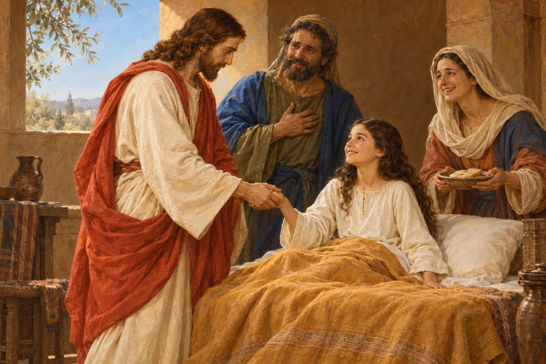 Jesus lifts Jairus’s healthy daughter by the hand as her relieved parents watch.