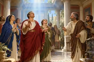 Cornelius and his household worship beneath pale light in a Roman atrium while Peter and a companion watch in wonder.