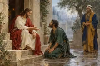 Jesus extends a welcoming hand to a kneeling man in a stone courtyard while a scholar watches nearby.