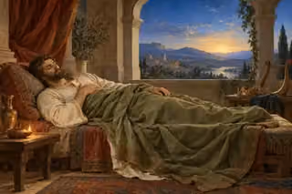 David sleeps peacefully on a low couch as a small lamp glows beside his harp and dawn begins beyond the window.