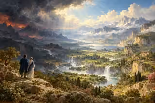 Two small figures contemplate a fertile renewed valley as storm and ember-colored clouds recede.