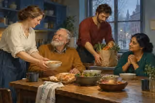 Four adults share food and groceries around a modest kitchen table while rain falls on the city street outside.