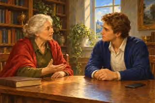 An elderly woman gestures thoughtfully as a younger man listens across a wooden table in a sunlit home library, with a closed unmarked book and a face-down phone set aside.