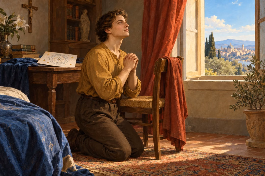 A young man kneels in peaceful prayer after setting aside an unlabelled star chart beside an open window.