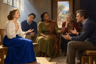 A serene praying woman faces a troubled accuser as another believer offers a peaceful mediating gesture.