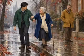 Raphael-inspired oil painting of a young man supporting an elderly woman with a cane at a wet autumn curb while a wary passerby watches.
