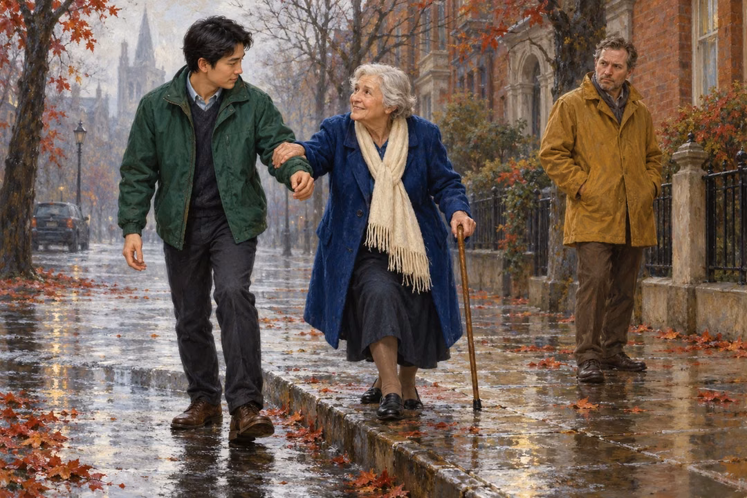 Raphael-inspired oil painting of a young man supporting an elderly woman with a cane at a wet autumn curb while a wary passerby watches.