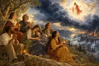 Believers preserve their lamps and care for an exhausted neighbor through a vast coastal storm as Jesus appears once in luminous clouds.