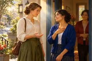 Three women share a peaceful conversation at a sunlit neighborhood doorway; the younger listener rests a hand on her heart.