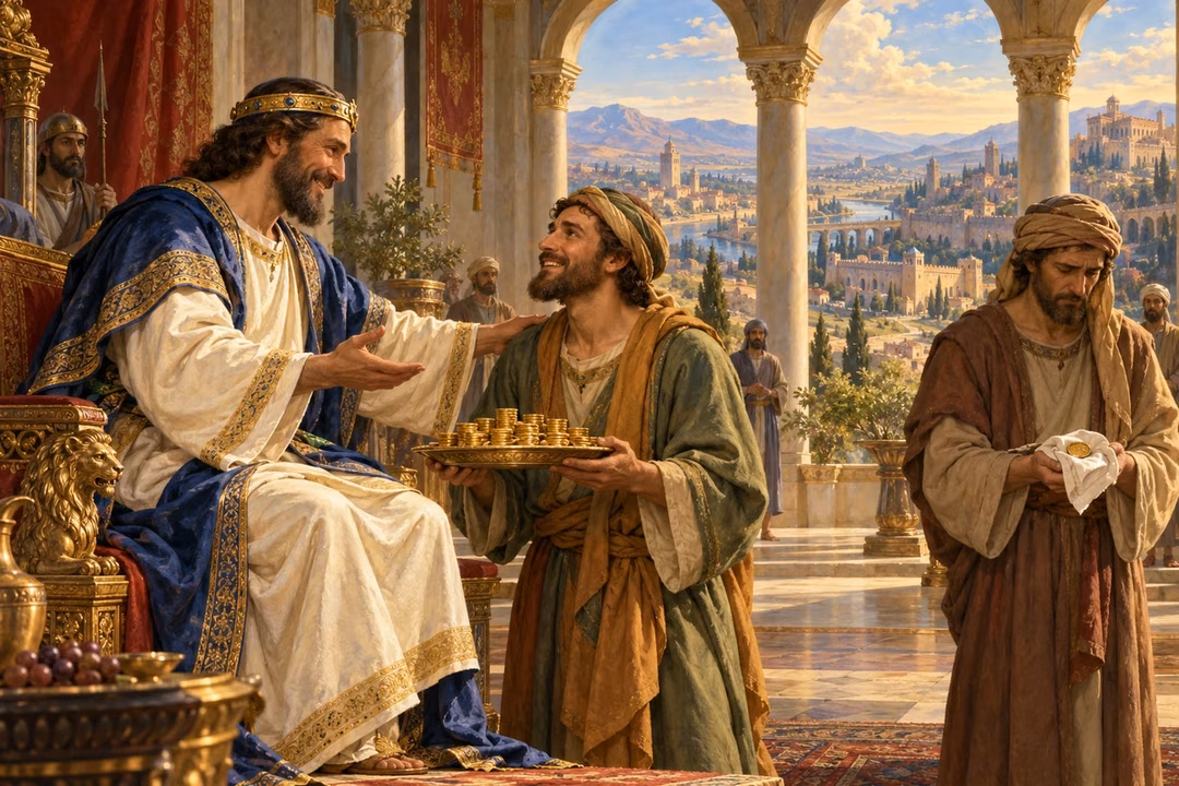 A returning nobleman commends a servant's multiplied coins while another holds one coin in a napkin.