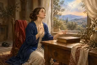 A woman in blue and ivory prays beside a closed Bible, looking toward a white dove in radiant light over an olive landscape.