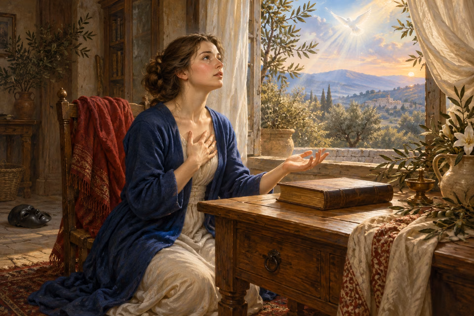 A woman in blue and ivory prays beside a closed Bible, looking toward a white dove in radiant light over an olive landscape.