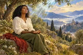 A woman seeks God's Spirit in quiet prayer on a wooded hillside beyond the busy town.