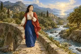 East Asian woman crossing a stone bridge above a river toward a luminous mountain horizon.