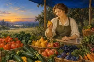 Raphael-inspired oil painting of a woman at an abundant produce stall admiring a golden pear, surrounded by tomatoes, apples, grapes, plums and green vegetables beneath a blue awning at dawn.