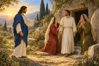 Jesus welcomes Lazarus outside the open tomb as Mary and Martha gather around their restored brother.