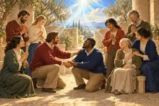A diverse group of believers reconciles in prayer under a shared current of Spirit light in an olive courtyard.