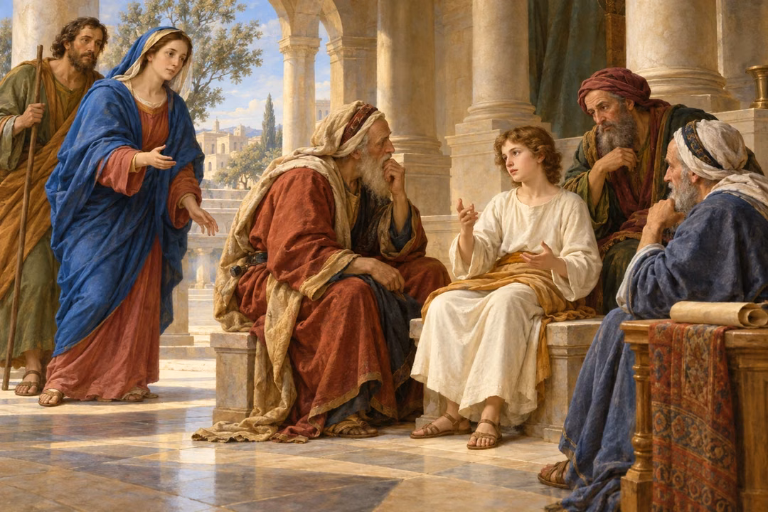 Mary and Joseph find the fully clothed young Jesus listening and speaking among elders in the temple, with warm ivory, crimson, and blue drapery beneath gentle daylight.