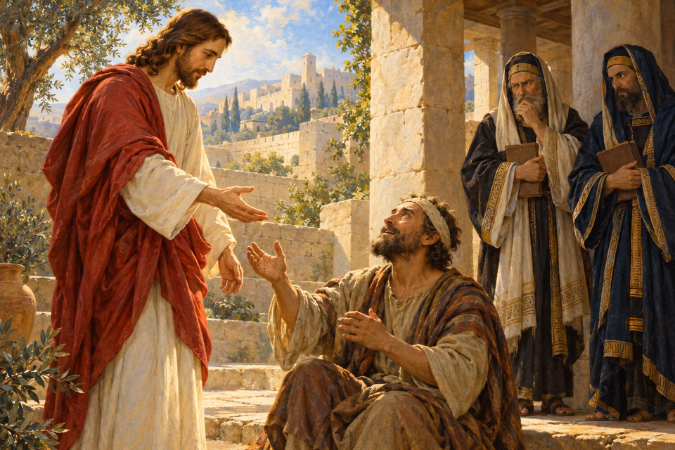 Jesus offers mercy to a formerly blind man while guarded scholars stand beneath a shaded portico.