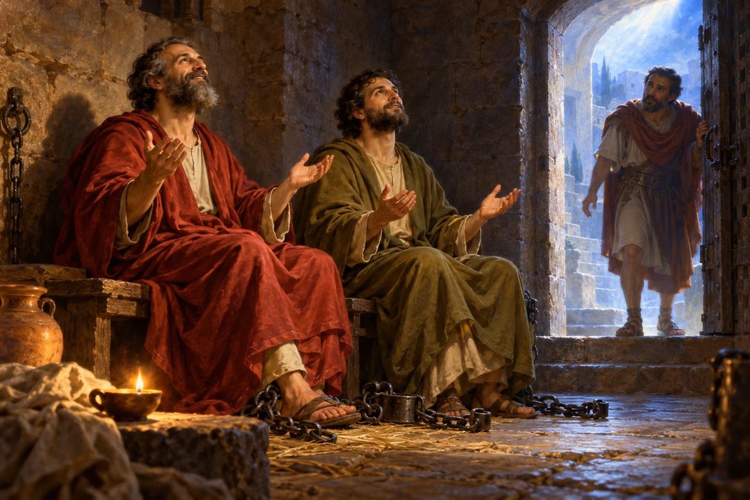 Paul and Silas pray in a prison as pearl light enters through the opened door.