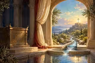 A parted sanctuary curtain reveals an empty cross on a sunlit hill and clear water flowing toward a basin.