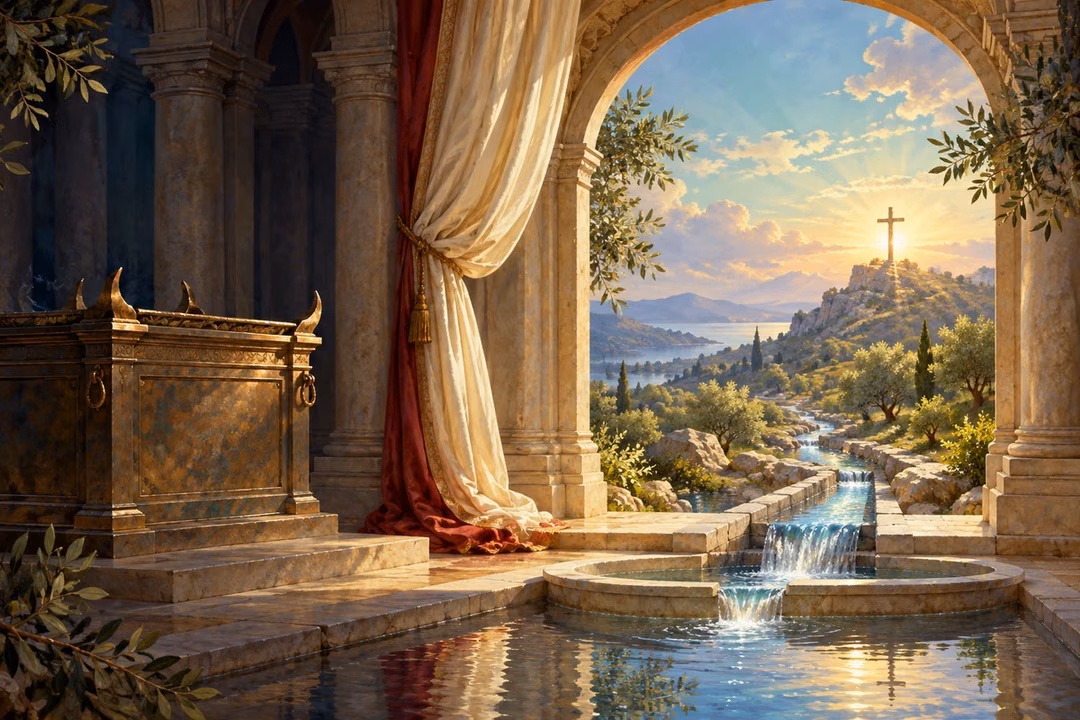 A parted sanctuary curtain reveals an empty cross on a sunlit hill and clear water flowing toward a basin.