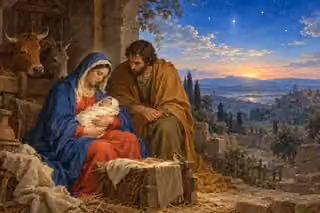 Mary cradles the swaddled infant Jesus as Joseph bows nearby, with a sparrow on the manger and a luminous blue dawn beyond.