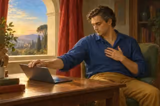 A man lowers his laptop lid with one hand and rests the other over his heart, reflecting quietly beside a window filled with golden dawn light.