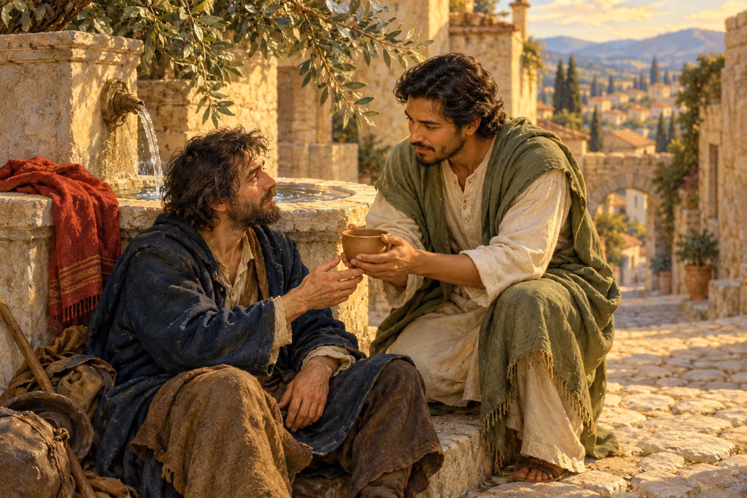 A man offers water to a weary adversary whose guarded expression begins to soften.