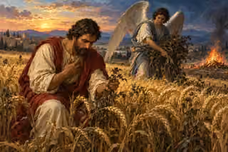 A kneeling man examines a dark weed among golden wheat while an angel gathers tares beside a distant fire of discarded plants.