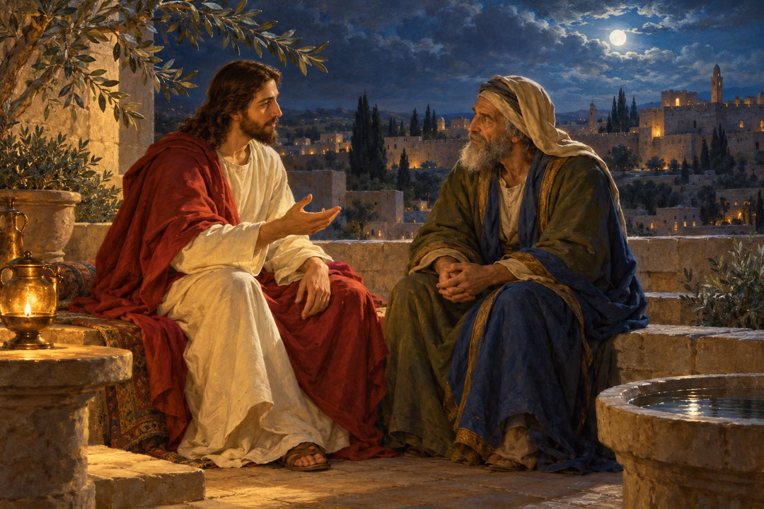 Jesus speaks gently with Nicodemus by lamplight in a Jerusalem roof garden as luminous night air suggests the Spirit.