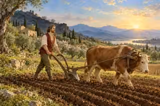 A farmer looks forward as he guides a plough through straight furrows toward morning light, symbolizing perseverance and forgiveness.