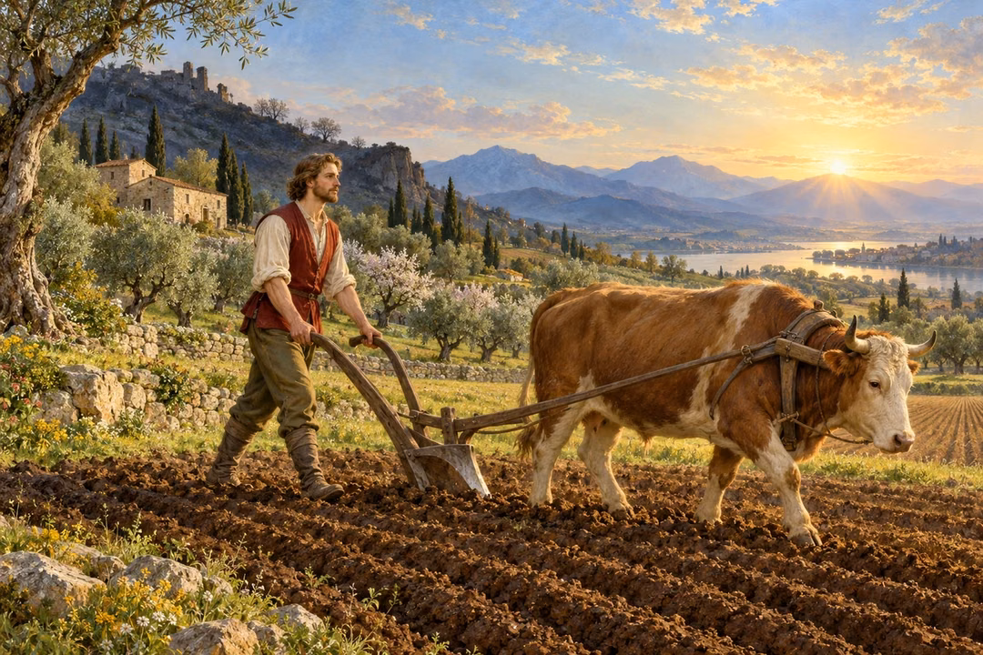 A farmer looks forward as he guides a plough through straight furrows toward morning light, symbolizing perseverance and forgiveness.