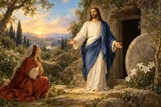 The risen Jesus stands at the garden tomb as a disciple kneels in hope.