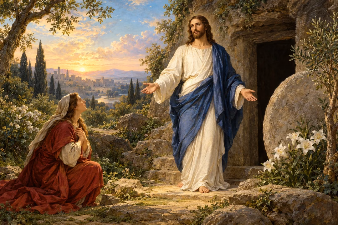 The risen Jesus stands at the garden tomb as a disciple kneels in hope.
