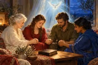 Four people join hands in prayer around a closed Bible at twilight as a white dove and radiant light fill the room.