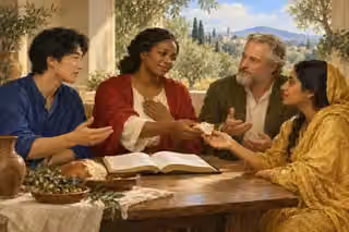 Four believers study Scripture and share bread around a welcoming table.