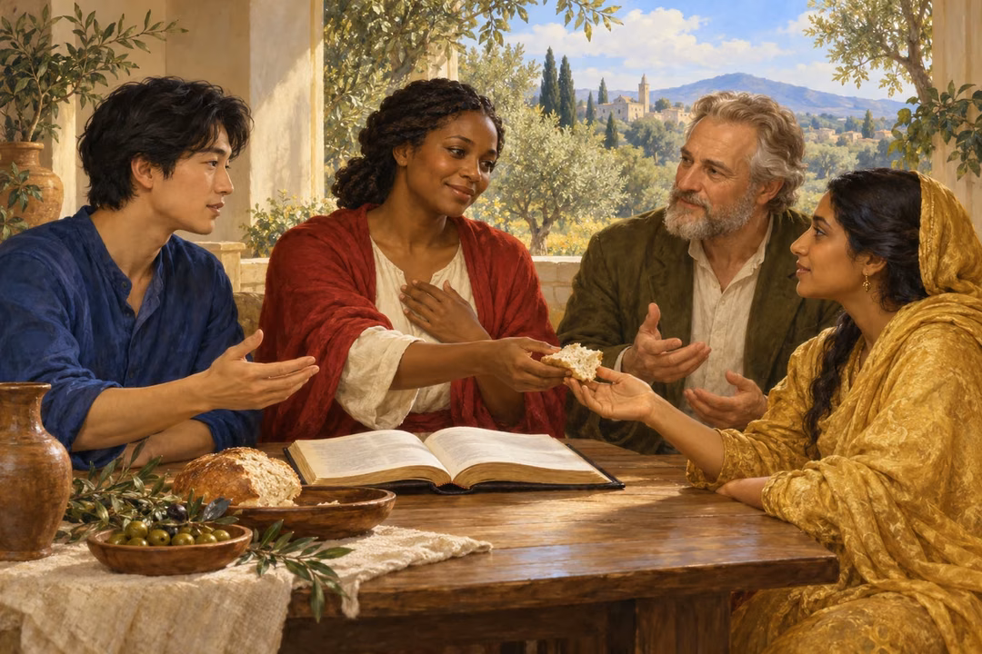Four believers study Scripture and share bread around a welcoming table.