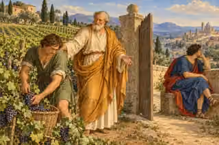 One son works in his father’s vineyard while the other remains idle by the gate.