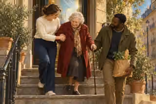 Painting of two modern neighbors carefully helping an elderly woman down apartment entrance steps, their hands and faces touched by soft spiritual light.