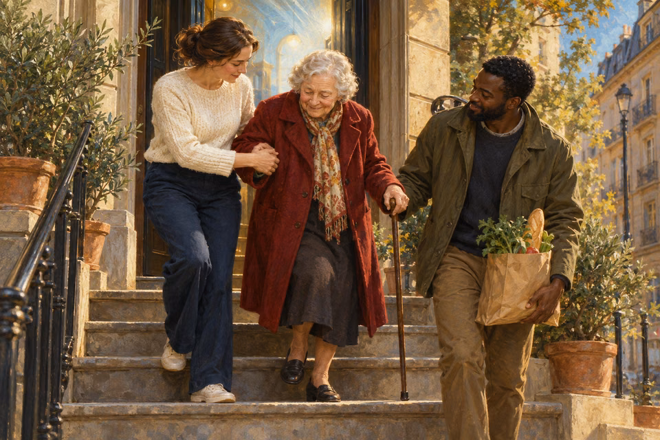 Painting of two modern neighbors carefully helping an elderly woman down apartment entrance steps, their hands and faces touched by soft spiritual light.