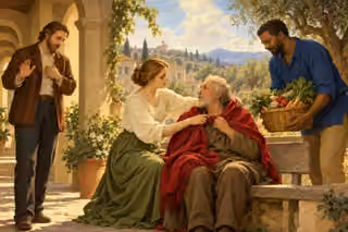 A woman wraps an elderly man in a crimson shawl while a neighbor brings food and an onlooker lowers his accusing hand.