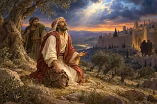 David lays down his travel burden and prays outside Jerusalem after betrayal, sustained by mercy and hopeful light.
