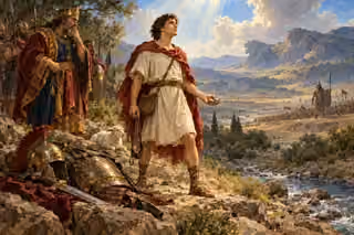David lays aside Saul’s armor and carries his familiar sling and smooth stones, trusting God’s previously proven deliverance as Goliath waits in the distant valley.