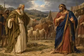 Samuel in olive and ivory robes confronts King Saul in crimson and blue beside three sheep and an ox, with tents, soldiers and Judean hills beneath a darkening sky.