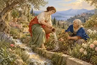 A young woman waters a neighbor's rose bush beside a flowing spring while the older gardener tends a new shoot.