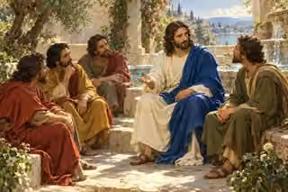 Jesus teaches Philip and fellow disciples in a luminous stone courtyard.