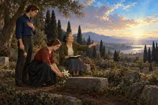 Three mourners reflect beside an unmarked grave, placing lilies and looking from an open book toward dawn beyond the cypresses.